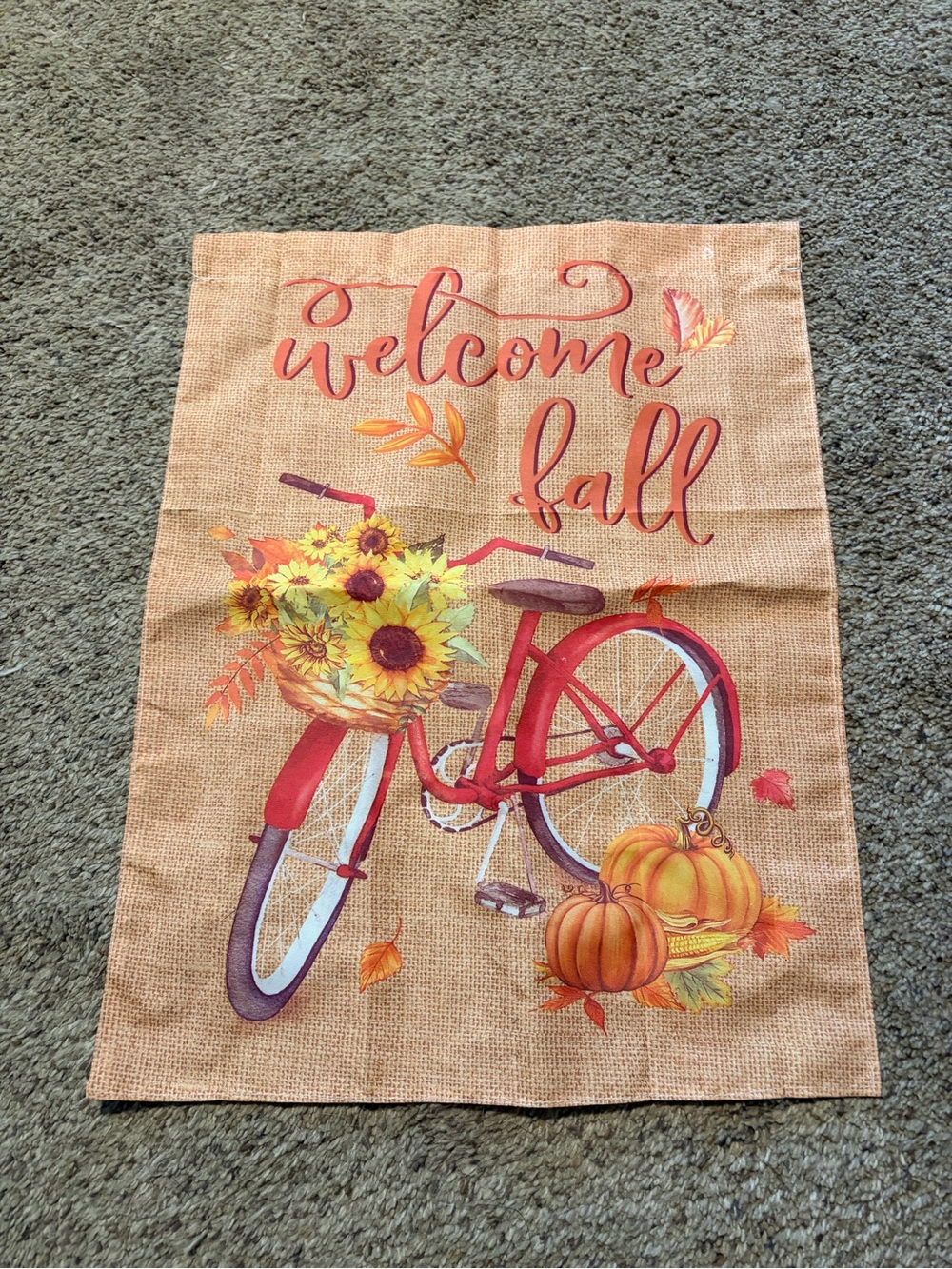 Welcome Fall Garden Flag with Bicycle and Pumpkins